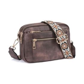 Triple-zipper Shoulder Bag With Floral Embroidered Straps Fashion Colorblock Multi-functional Crossbody Bags For Women (Option: Brown)