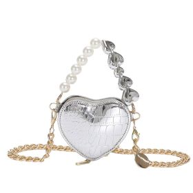 Mini Love-shape Pearls Handbag Fashion Cute Chain Lipstick Bag Women's Bright Candy Color Shoulder Messenger Bag (Option: Silver)